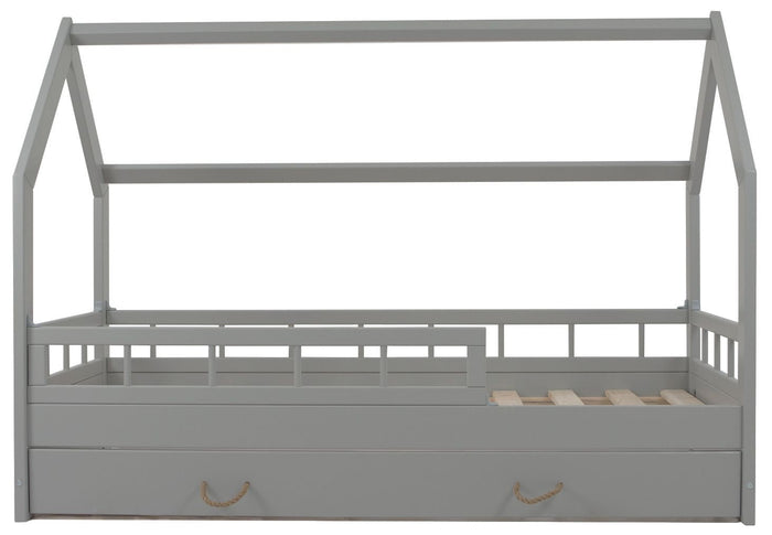 Gray House Cot with Drawer and Sides 80x160 cm