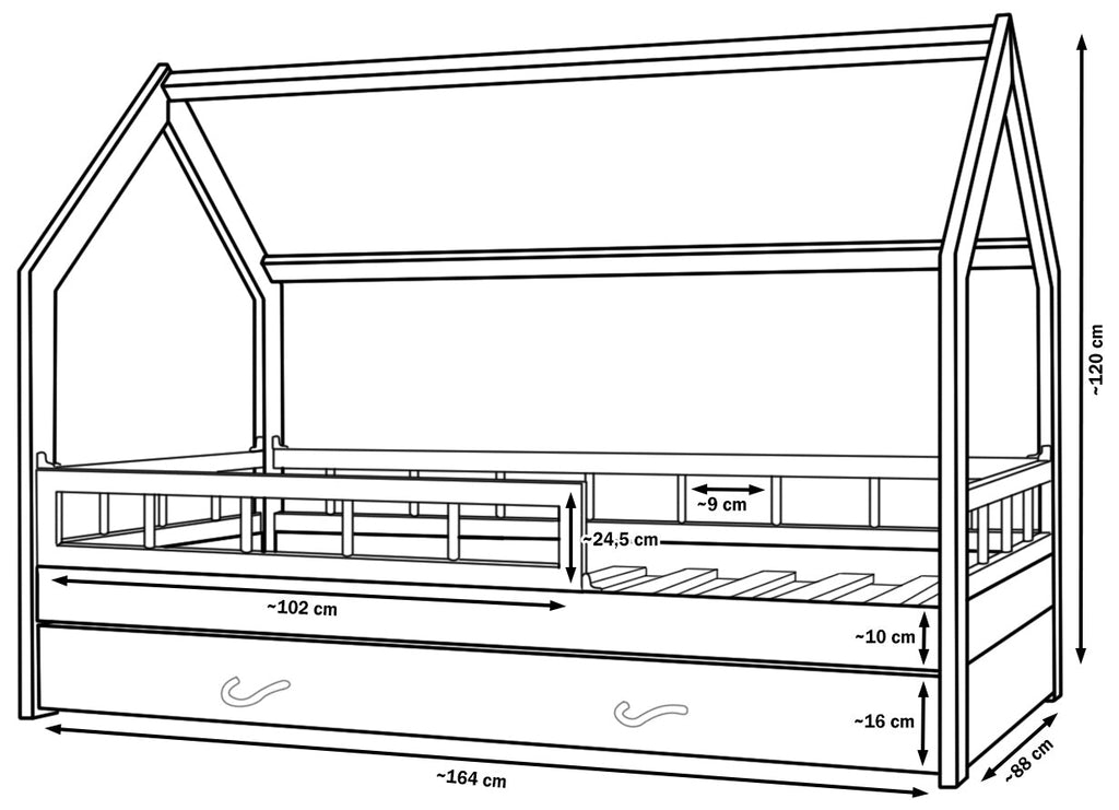 Gray House Cot with Drawer and Sides 80x160 cm